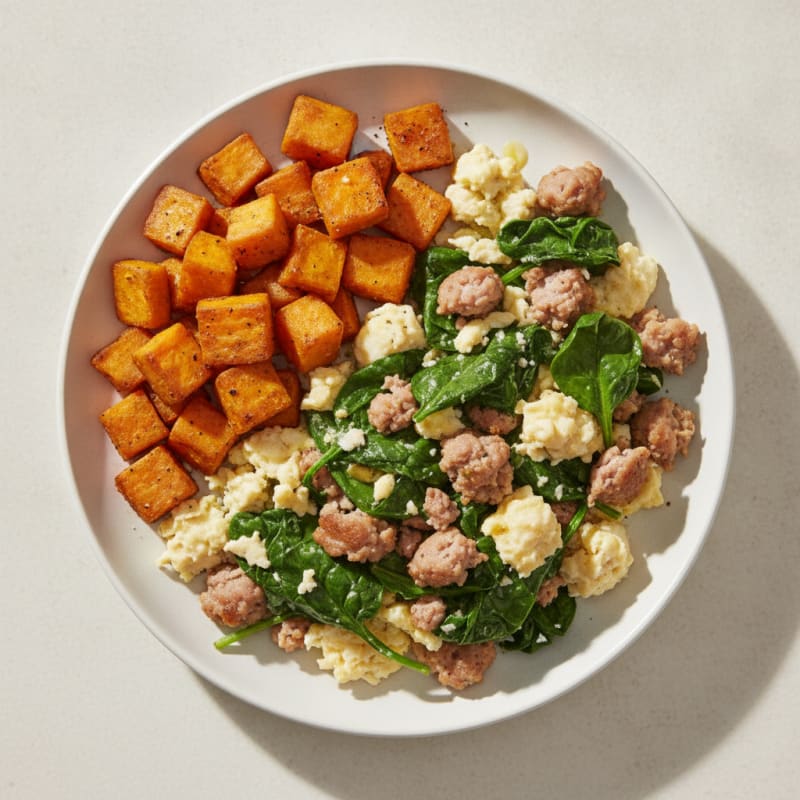 Egg White and Turkey Sausage Scramble with Spinach and Roasted Sweet Potato