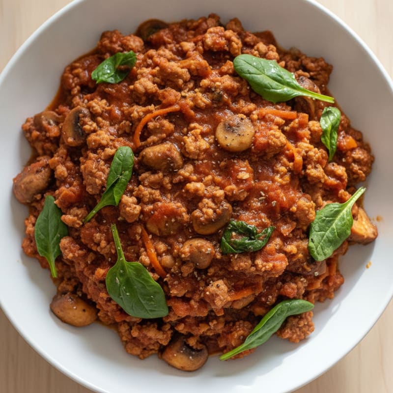 Kangaroo Bolognese with Mushrooms, Carrot, and Spinach