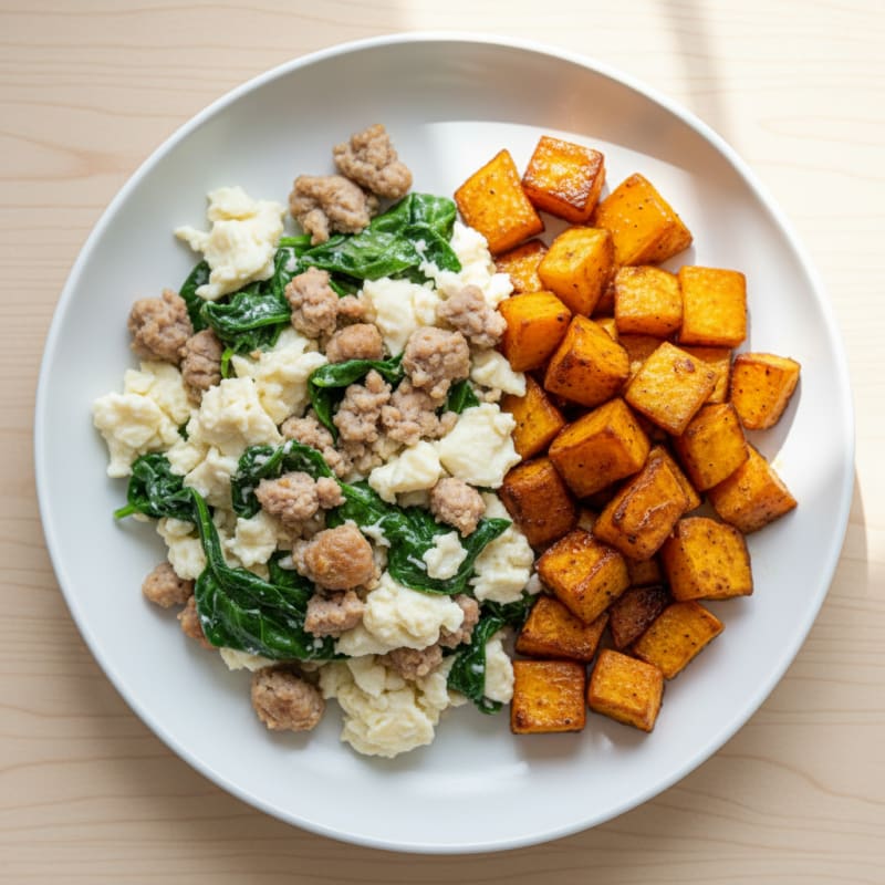 Egg White and Turkey Sausage Scramble with Spinach and Roasted Sweet Potato