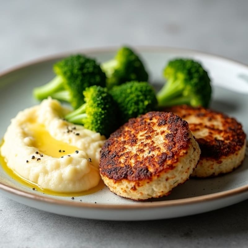 Seared Turkey Patties with Steamed Broccoli and Cauliflower Mash
