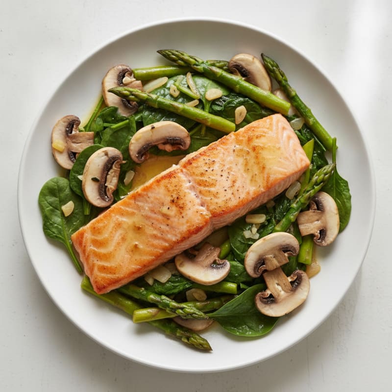 Lemon Olive Oil Seared Salmon with Sautéed Mushrooms and Greens