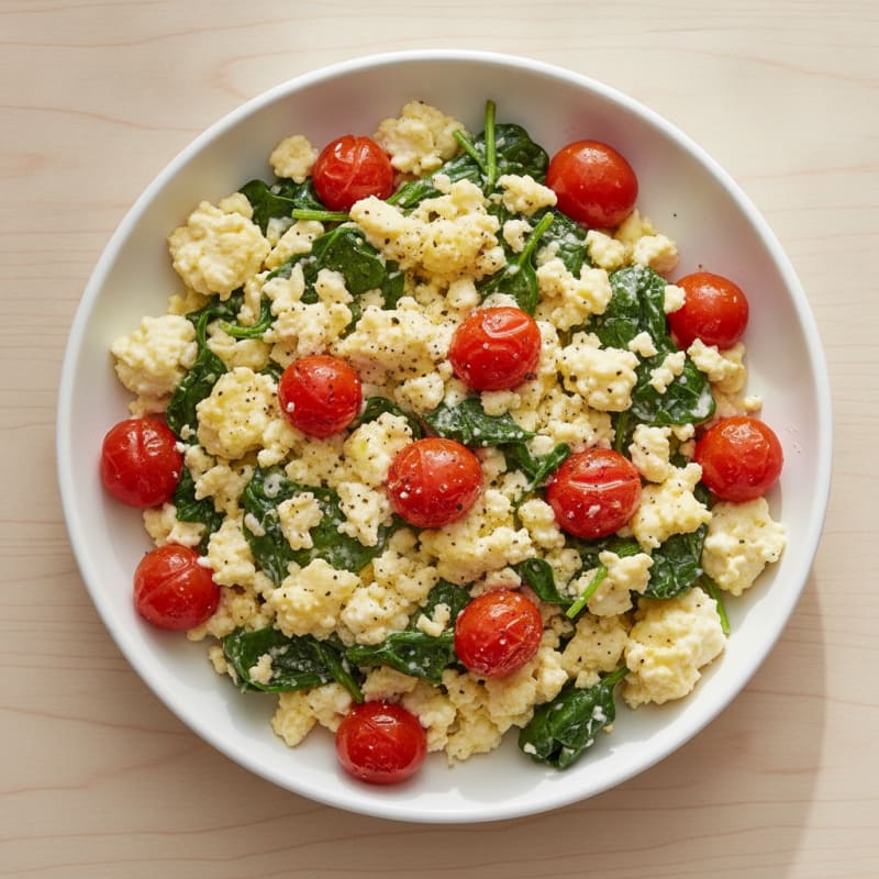 Cottage Cheese Egg Scramble with Spinach and Cherry Tomatoes