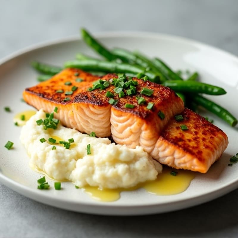 Seared Salmon with Steamed Green Beans and Cauliflower Mash