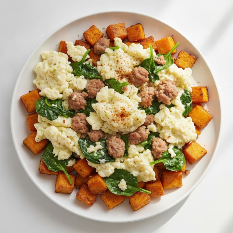 Egg White and Turkey Sausage Scramble with Spinach and Roasted Sweet Potato