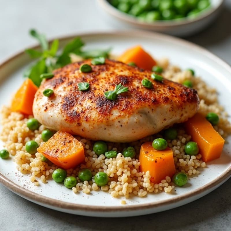 Spiced Roasted Chicken with Roasted Pumpkin and Fluffy Pea Couscous