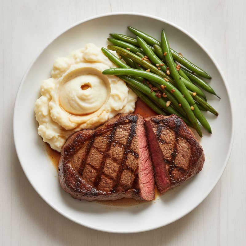 Seared Sirloin Steak with Garlic Green Beans and Mashed Cauliflower