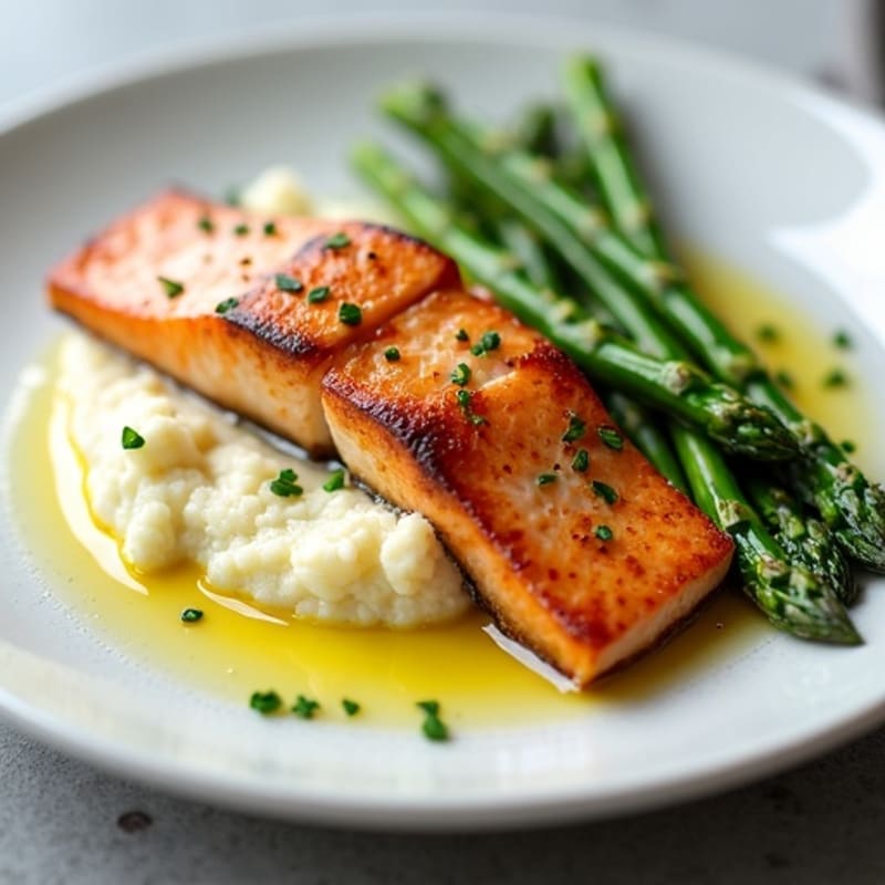Seared Salmon with Steamed Asparagus and Cauliflower Mash