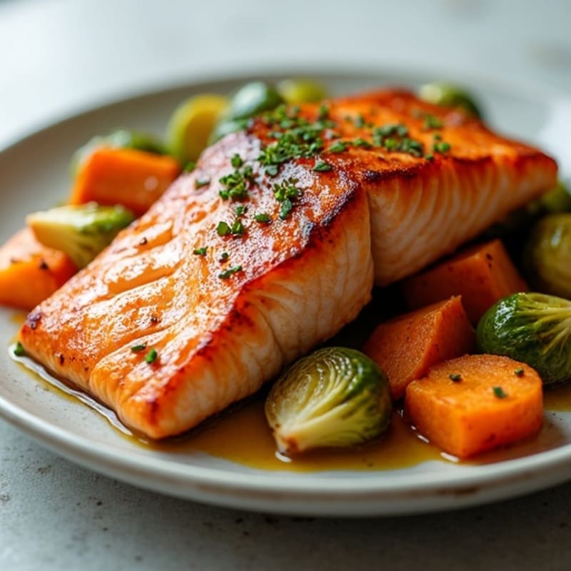 Flaky Pan-Seared Salmon with Roasted Sweet Potatoes and Crispy Brussels Sprouts