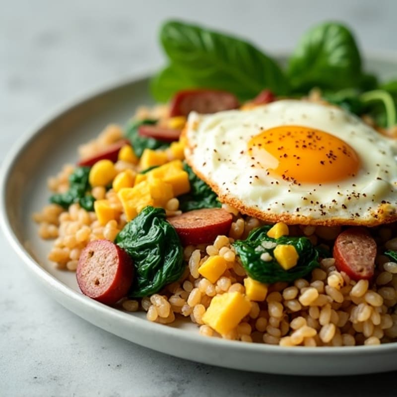 Egg White and Chicken Sausage Scramble with Spinach and Brown Rice