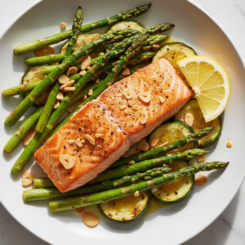 Seared Salmon with Roasted Asparagus and Zucchini