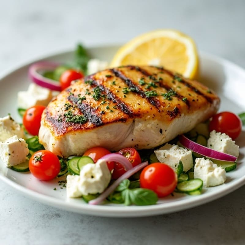 Lemon-Herb Grilled Chicken with Crisp Feta and Fresh Vegetable Salad