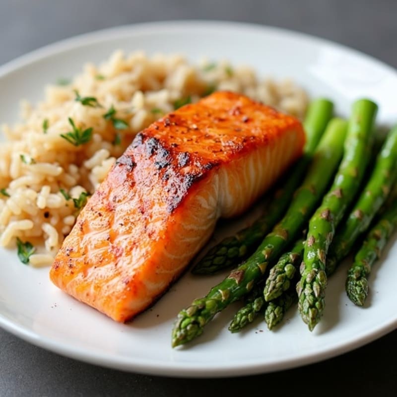 Seared Salmon with Steamed Asparagus and Brown Rice