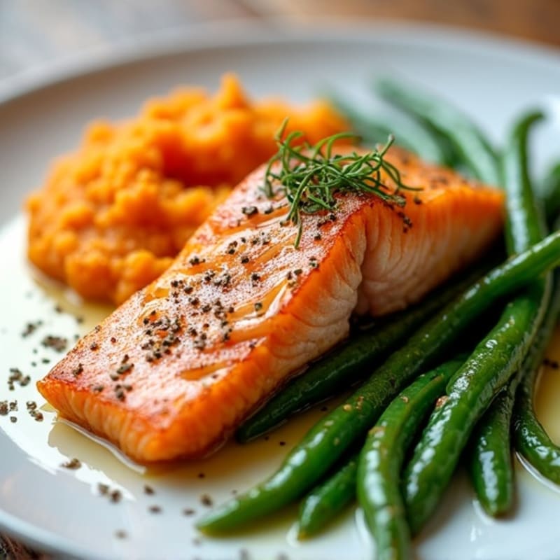 Pan Seared Salmon with Garlic Green Beans and Sweet Potato Mash