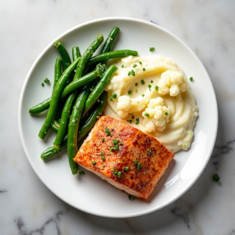 Seared Salmon with Garlic Green Beans and Cauliflower Mash