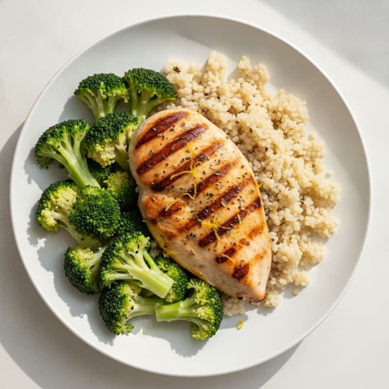 Grilled Chicken Breast with Steamed Broccoli and Quinoa