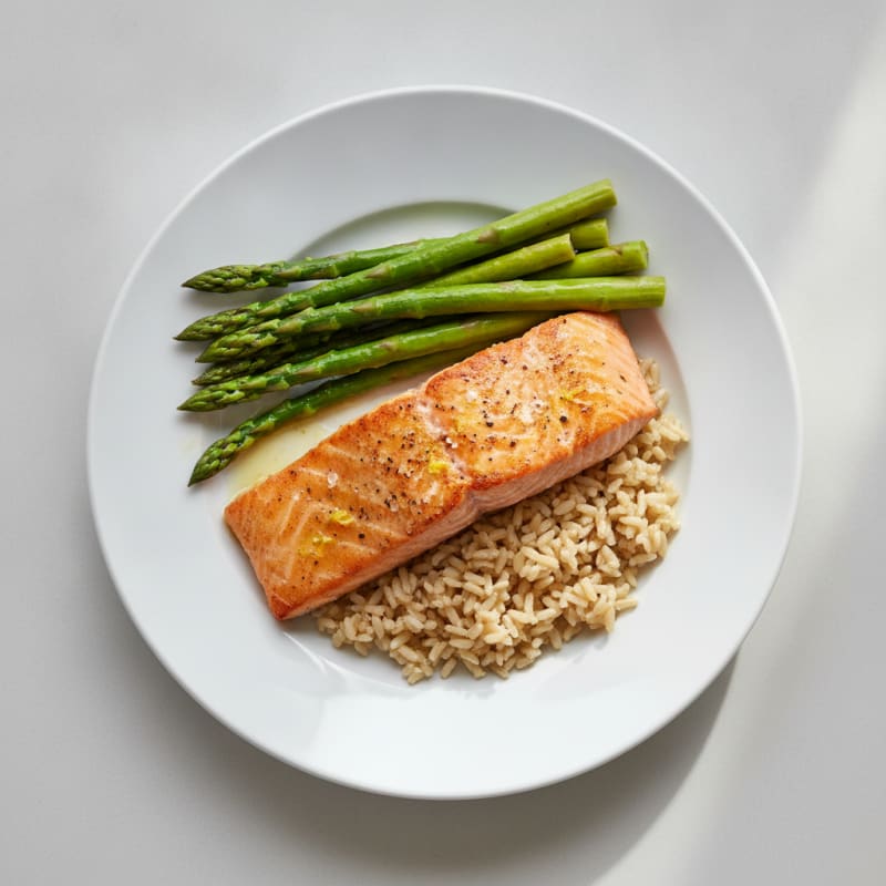 Seared Salmon with Steamed Asparagus and Brown Rice