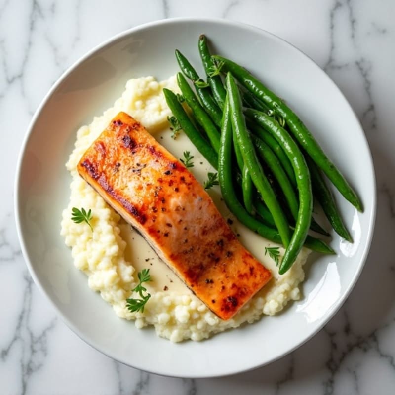 Seared Salmon with Garlic Green Beans and Cauliflower Mash