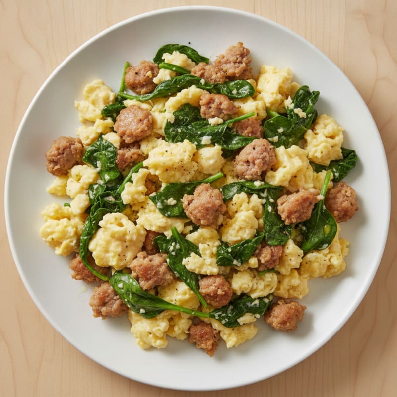 Scrambled Eggs with Turkey Sausage and Sautéed Spinach