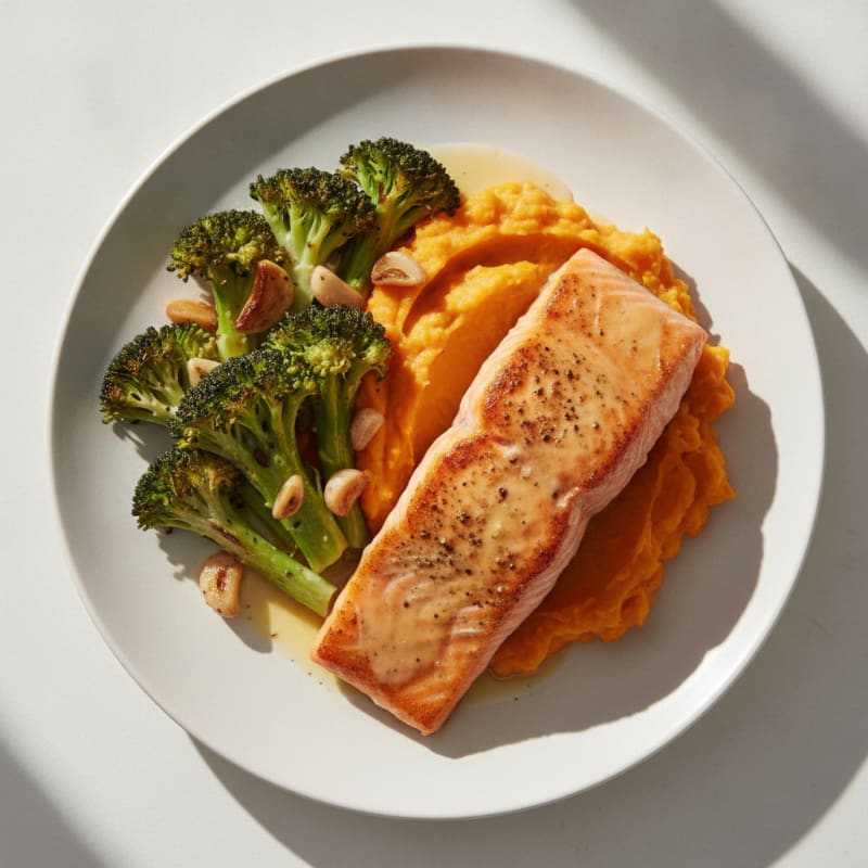 Seared Salmon with Garlic Roasted Broccoli and Sweet Potato Mash
