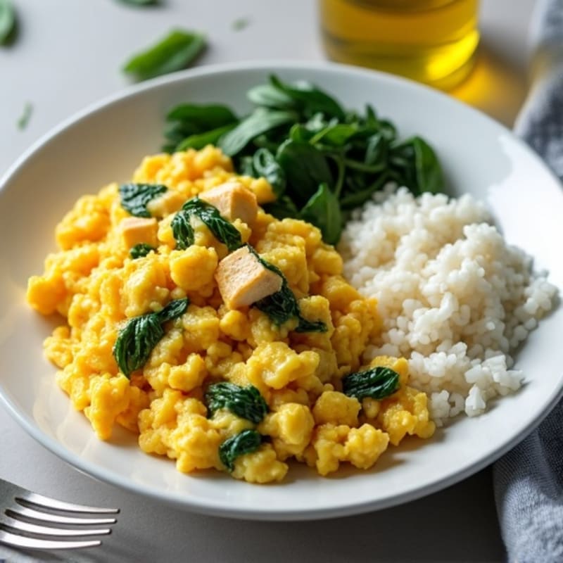 Scrambled Eggs with Chicken, Spinach & Rice