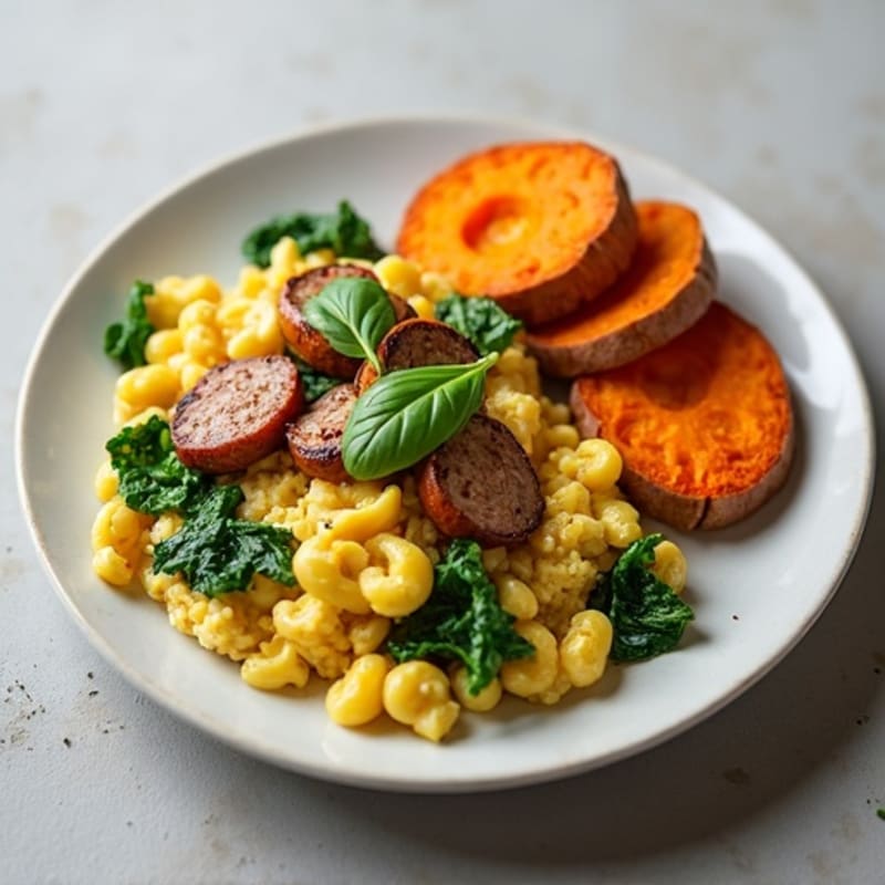 Egg White and Turkey Sausage Scramble with Spinach and Roasted Sweet Potato