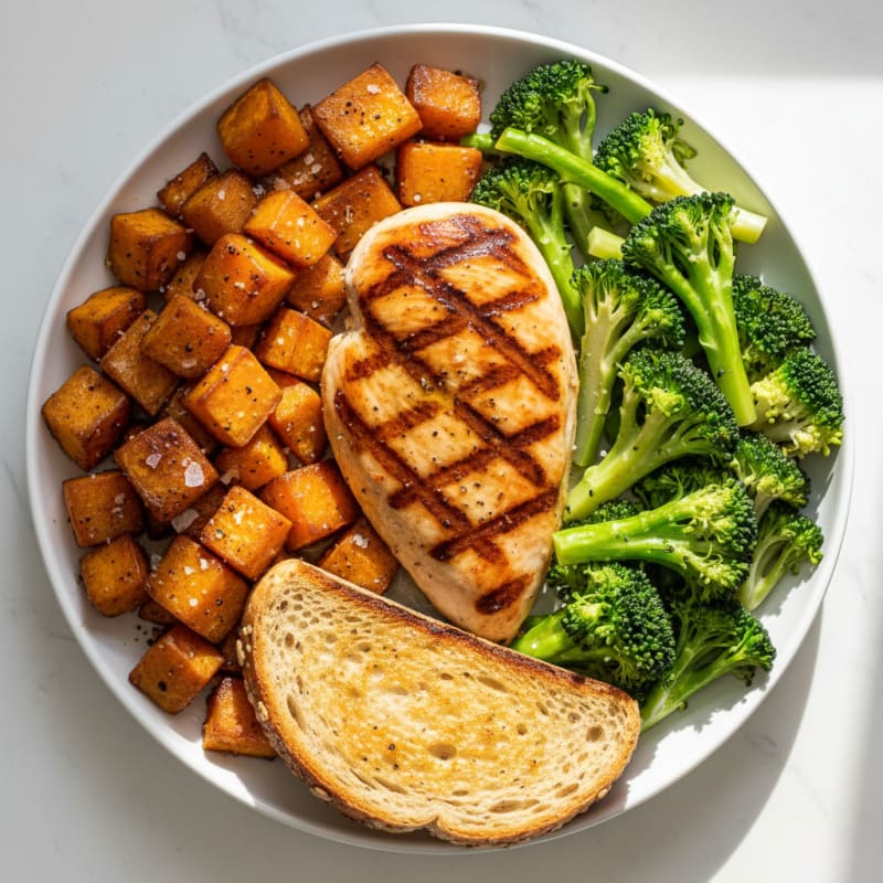 Grilled Chicken Breast with Roasted Sweet Potato and Steamed Broccoli