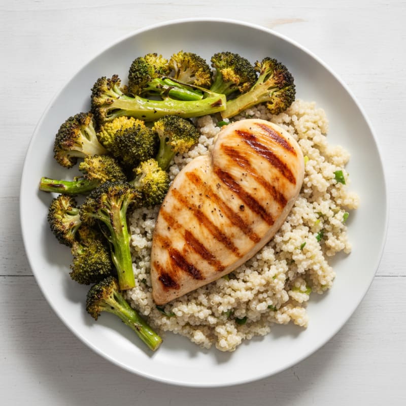 Grilled Chicken Breast with Creamy Quinoa and Roasted Broccoli