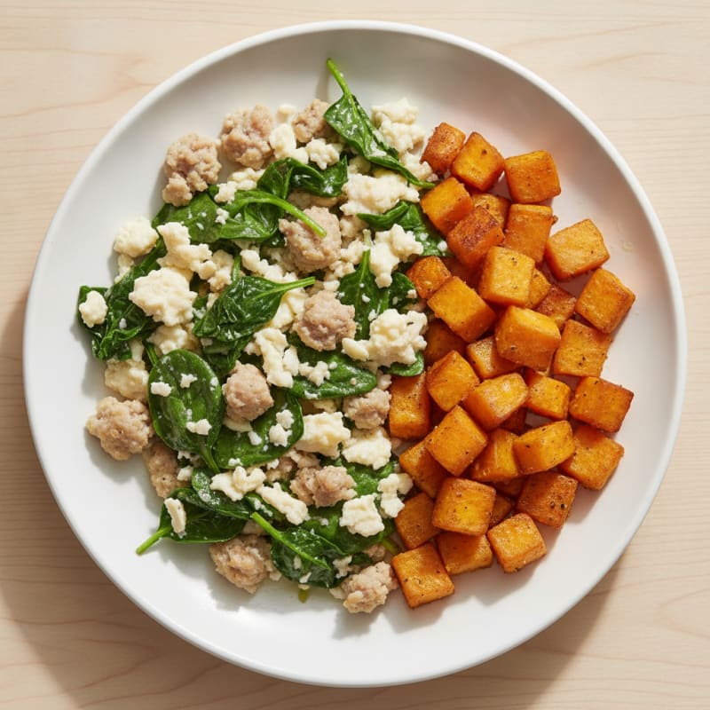 Egg White and Turkey Sausage Scramble with Spinach and Roasted Sweet Potato