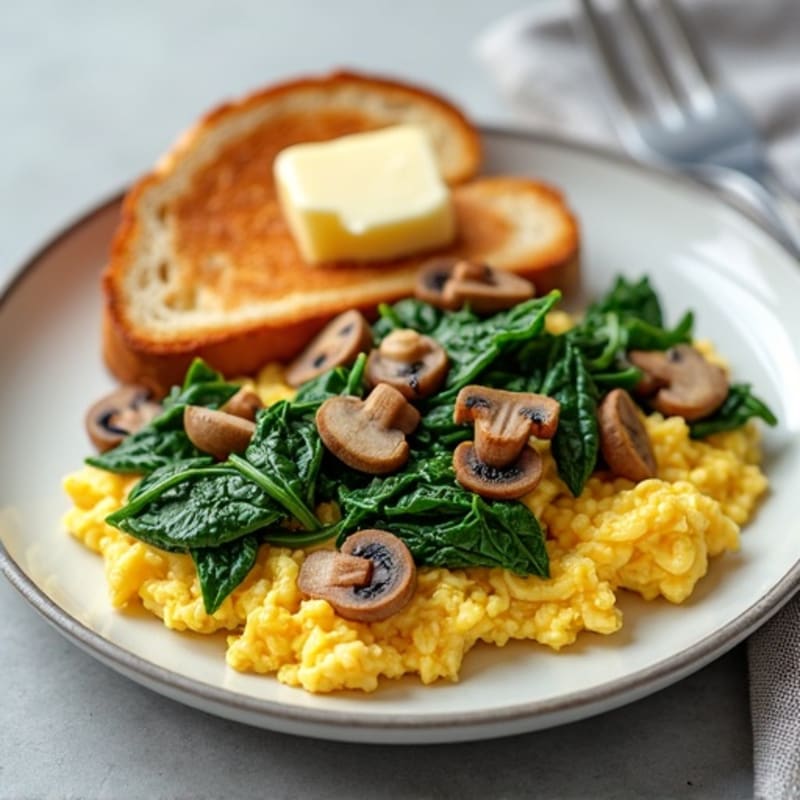 Scrambled Eggs with Sautéed Spinach, Mushrooms, and Gluten-Free Toast