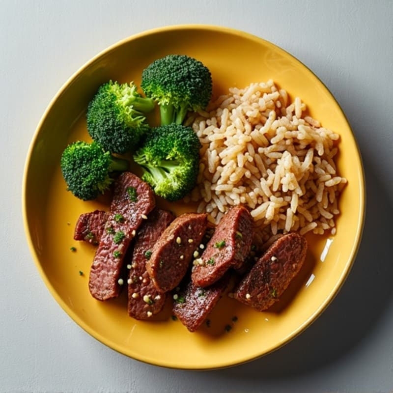 Pan-Seared Garlic Beef and Crispy Broccoli with Brown Rice