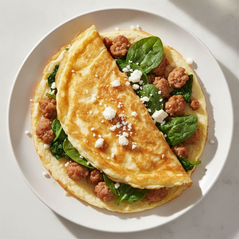 Crispy Egg White Omelet with Turkey Sausage and Spinach