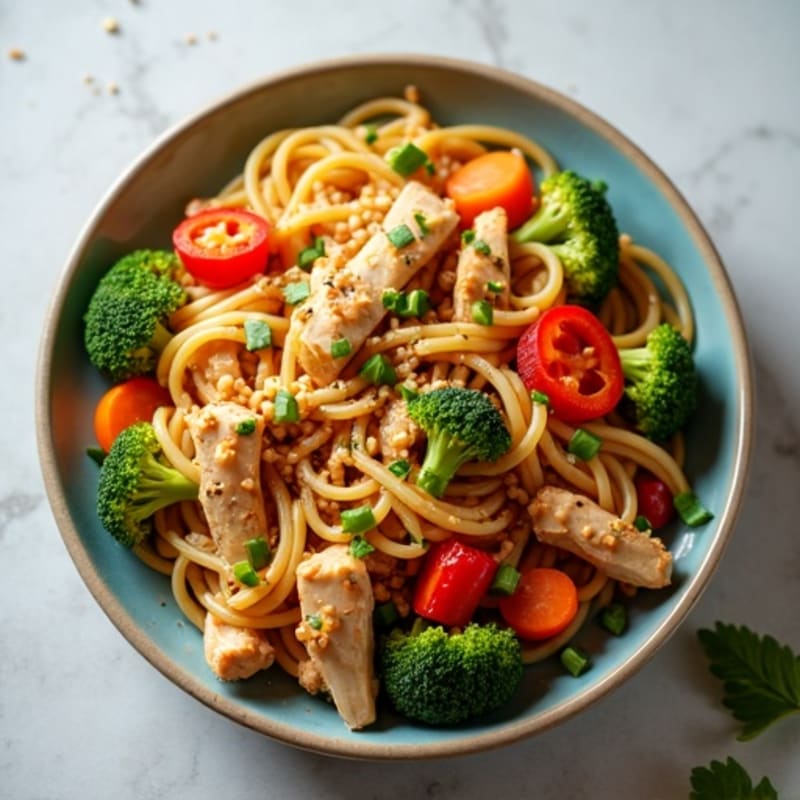 Garlic Ginger Chicken Noodles with Crispy Vegetables