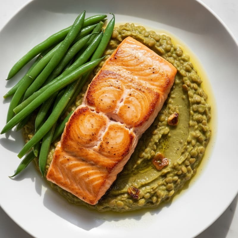 Seared Salmon with Steamed Green Beans and Lentil Mash