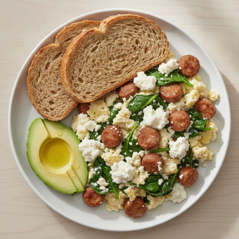 Egg White and Turkey Sausage Scramble with Cottage Cheese and Sautéed Spinach