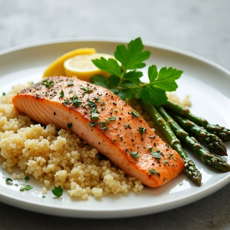 Herb-Crusted Salmon with Roasted Asparagus and Fluffy Quinoa