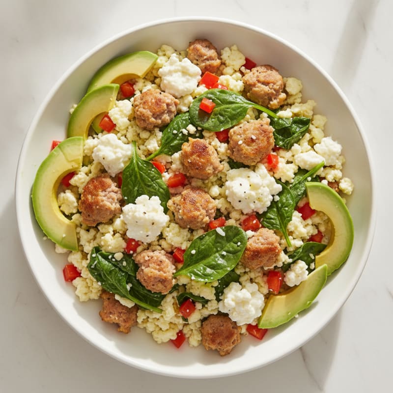 Egg White Scramble with Turkey Sausage and Cottage Cheese