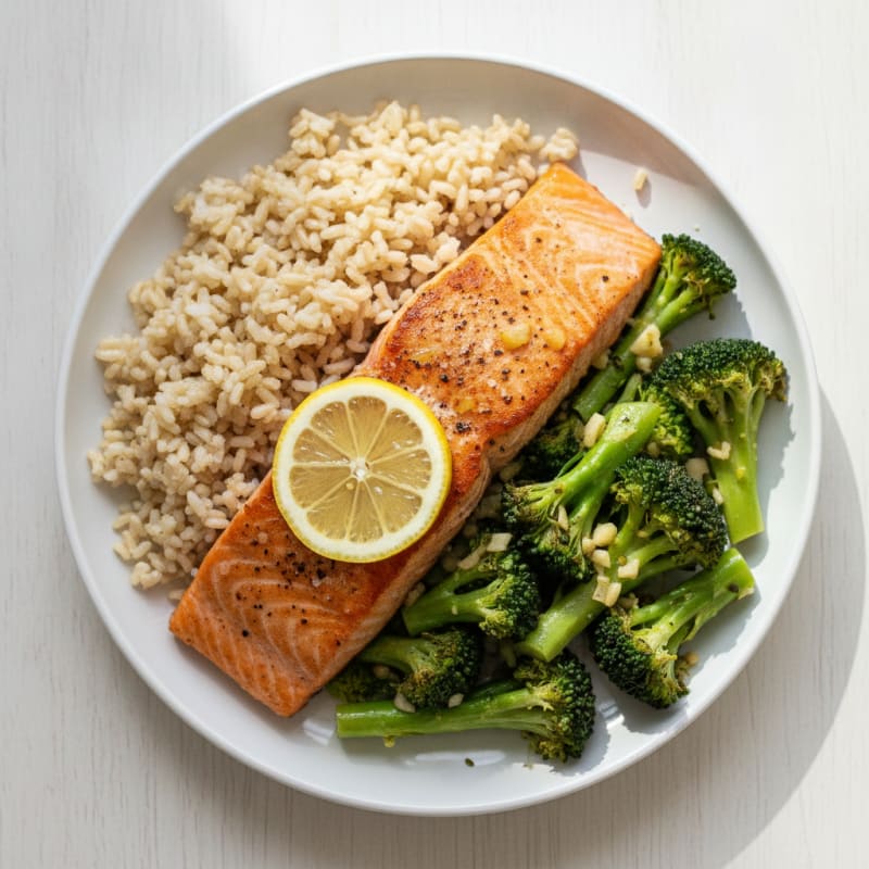 Seared Salmon Fillet with Garlic Broccoli and Brown Rice