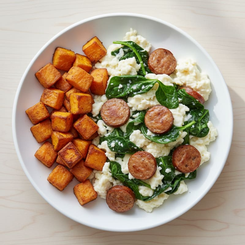 Egg White and Spinach Scramble with Turkey Sausage
