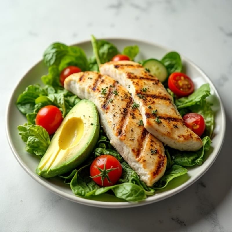Crisp Green Salad with Creamy Avocado and Lemon-Herb Grilled Chicken