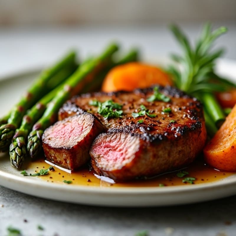 Pan-Seared Garlic Herb Steak with Roasted Asparagus and Crispy Sweet Potatoes