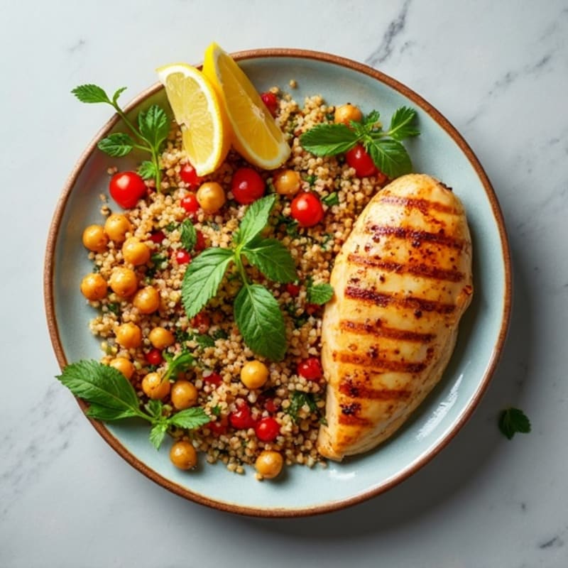 Grilled Lemon-Garlic Chicken with Quinoa Tabbouleh and Roasted Chickpeas