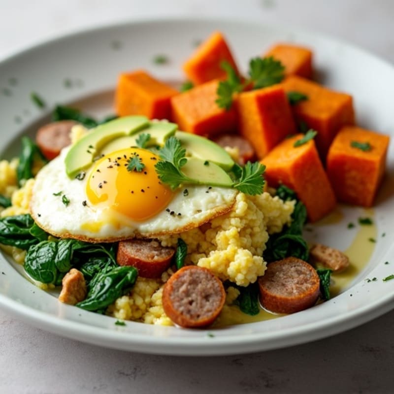 Egg White and Turkey Sausage Scramble with Spinach and Sweet Potato