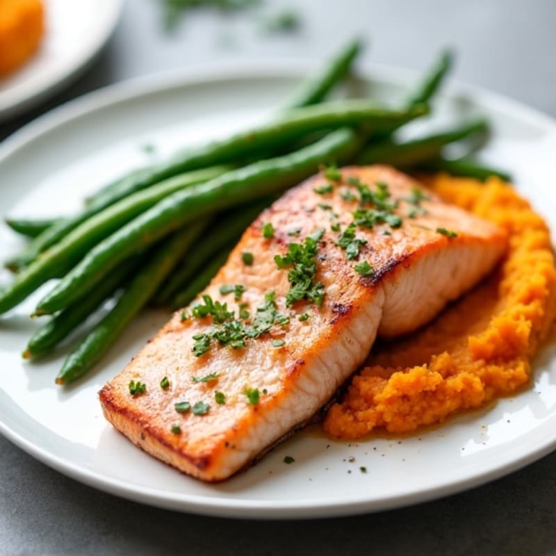 Seared Salmon with Garlic Green Beans and Sweet Potato Mash