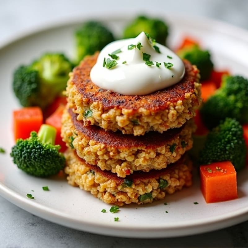 Crispy Lentil Quinoa Cakes with Roasted Vegetables