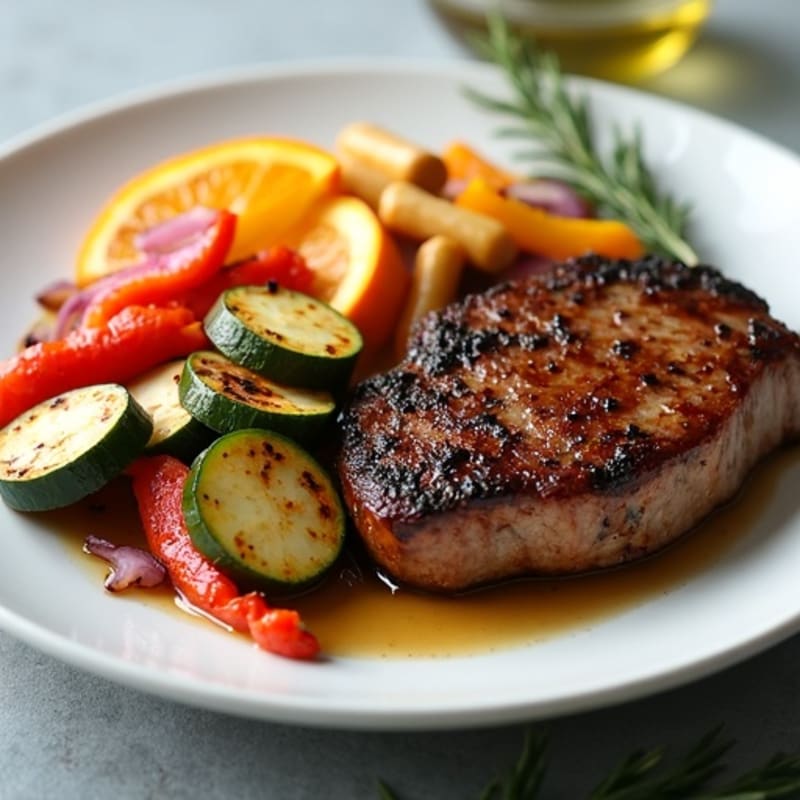 Seared Steak with Roasted Vegetables and Orange Slices