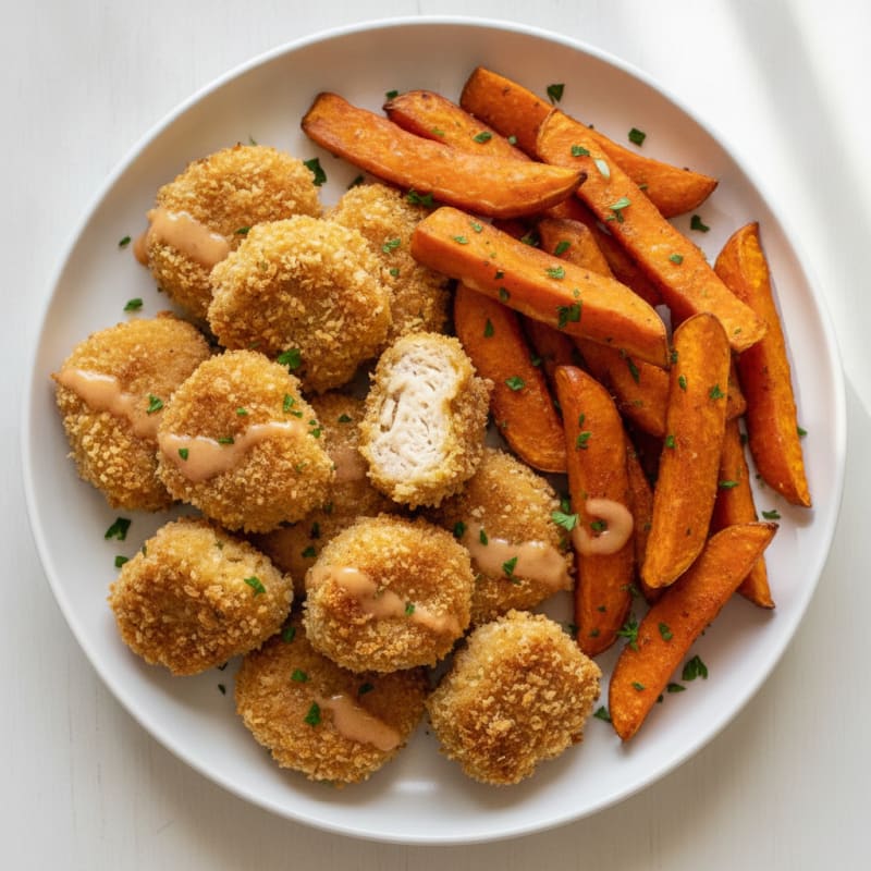Cheesy Baked Chicken Nuggets with Sweet Potato Fries