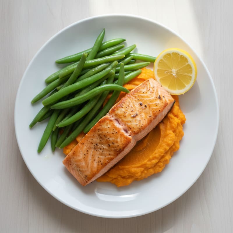Seared Salmon with Steamed Green Beans and Sweet Potato Mash