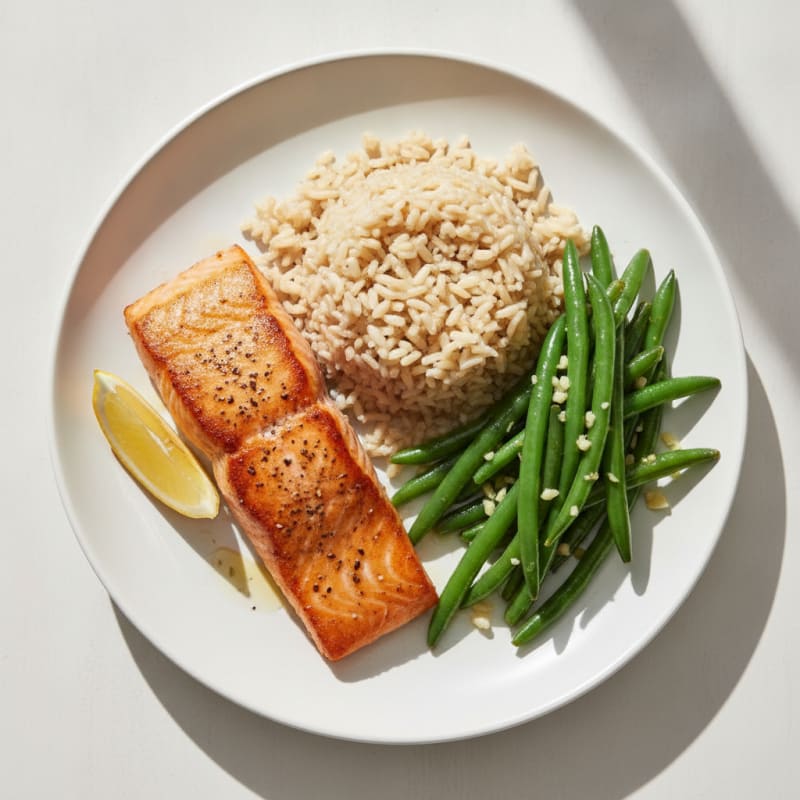 Seared Salmon with Garlic Green Beans and Brown Rice