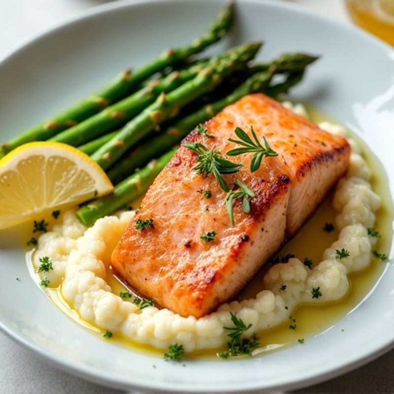 Seared Salmon with Steamed Asparagus and Cauliflower Mash