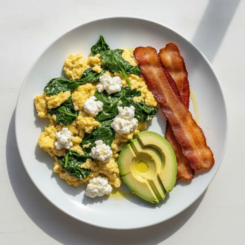 Cottage Cheese Scramble with Spinach and Turkey Bacon